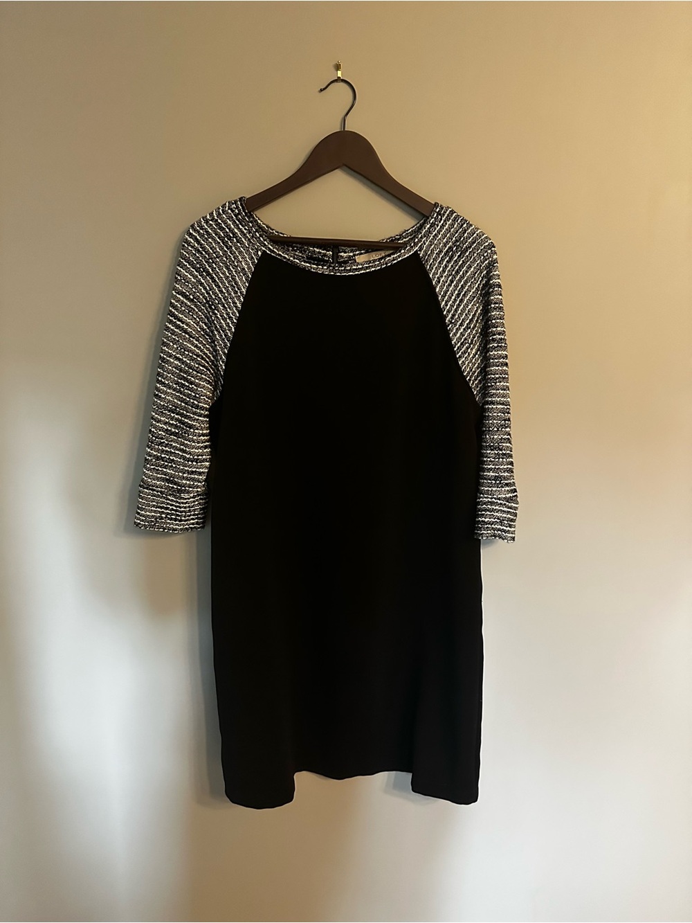 LOFT Black Midi Dress with Textured Gray Raglan Sleeves